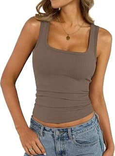 EasyGala Womens Cotton Ribbed Square Neck Tank Tops Fitted Sleeveless Shirt