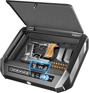 TOPMEDA Gun Safe with LCD Display, ≤0.1s Quick Access Large Handgun Safe for Pistols, Hand Gun Lock Box with Fingerprint, Keypad, Key, Car, Home, Bedside, Nightstand, AA Battery Emergency Power