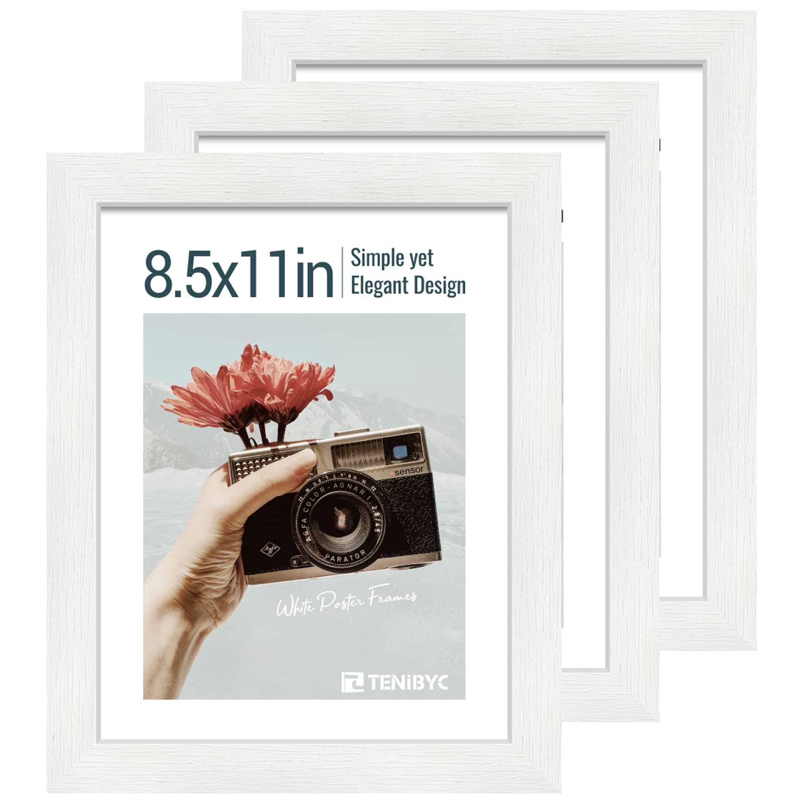 Pack of 3 Picture Frames 8.5x11 White Wood Grain Solid Wood and HD Tempered Glas