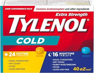TYLENOL Extra Strength Cold Medicine eZ Tabs, Daytime & Nighttime, 40ct | Cold and flu medicine with acetaminophen, relieves congestion, cough, fever, aches, runny nose, easy-to-swallow, 24+16 pack