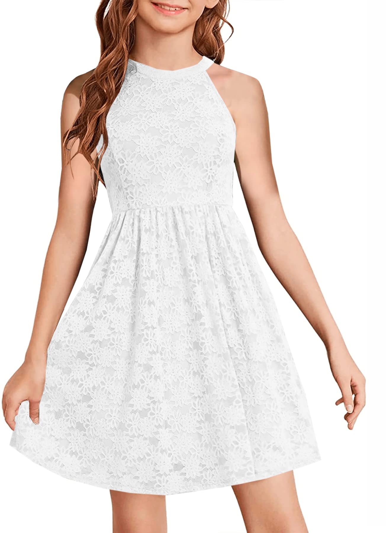 HOSIKA Flower Girl Dress Halter Neck Elegant Floral Lace A-line Party Dress