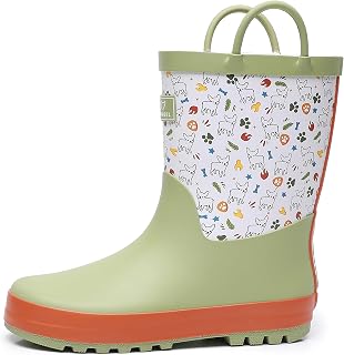 RAINANGEL Toddler Rain Boots with Easy Pull On Handles Waterproof Rubber Kids Rain Boots for Girls Boys Fun Print and Colors