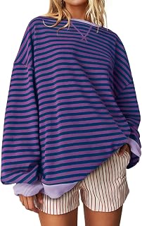 UEU Women Plus Size Striped Crew Neck Long Sleeve Color Block Casual Sweatshirts for Training