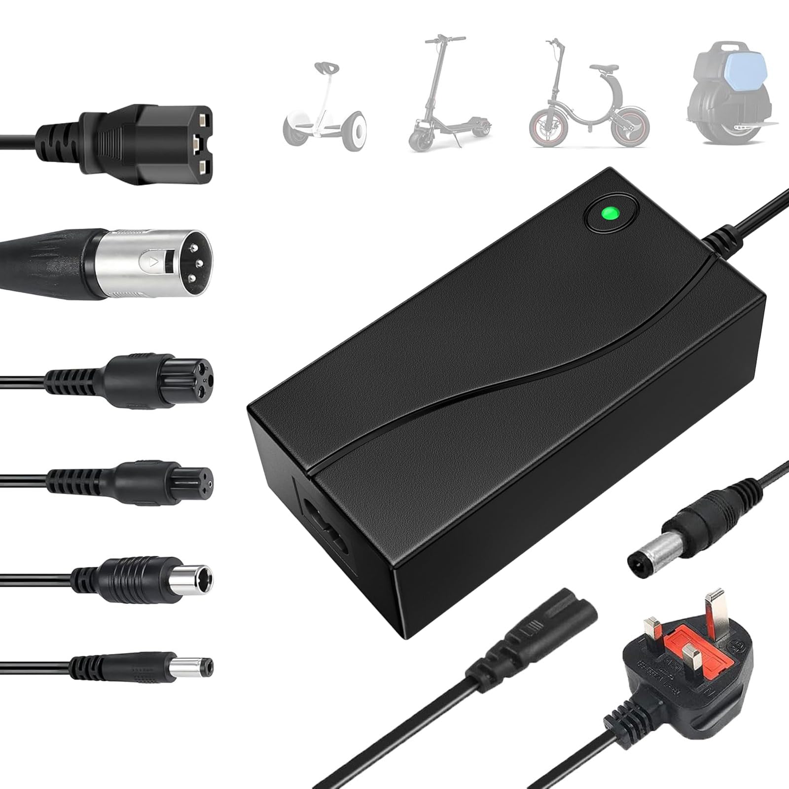 Electric Scooter Charger, 42V 2A Hoverboard Charger UK 3 Pin with 6 Connections 