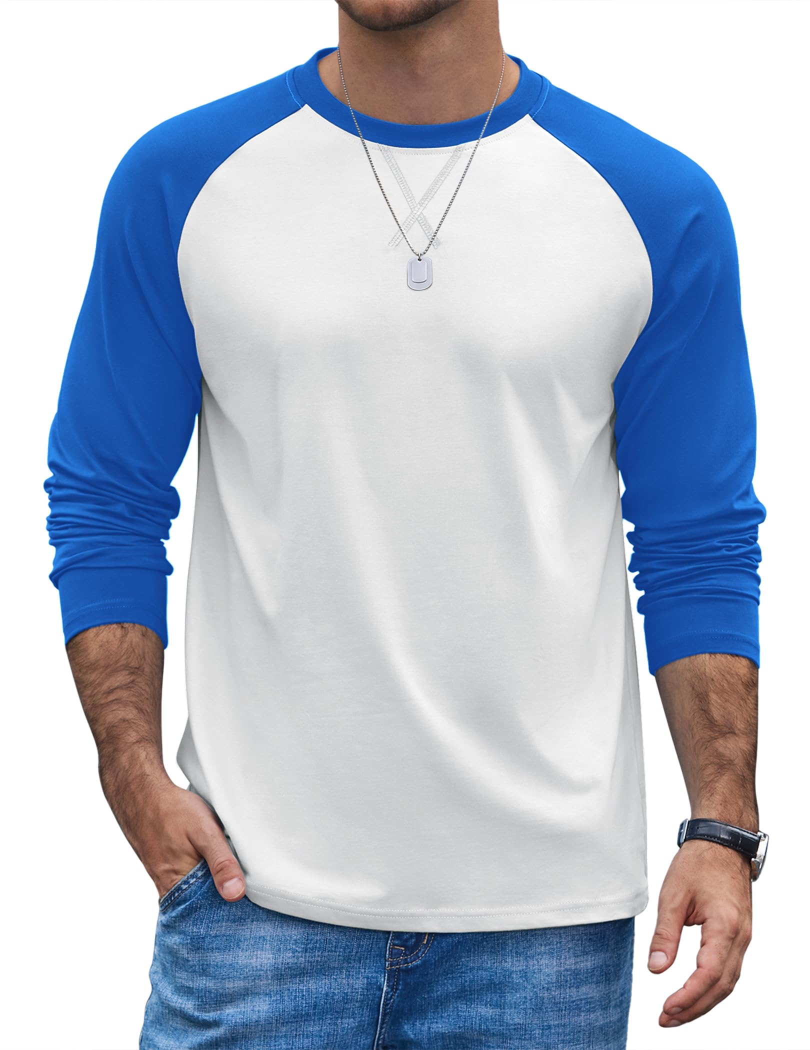 COOFANDY Men's Long Sleeve T-Shirt Cotton Raglan Baseball Tee Crew Neck Color Bl