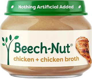 Beech-Nut Baby Food Jars, Chicken & Chicken Broth, Stage 1, 2.5oz, 10ct | Stage 1 Baby Food, Meat Puree, 7g Protein, For Babies 4 Months and Up, Glass Jars