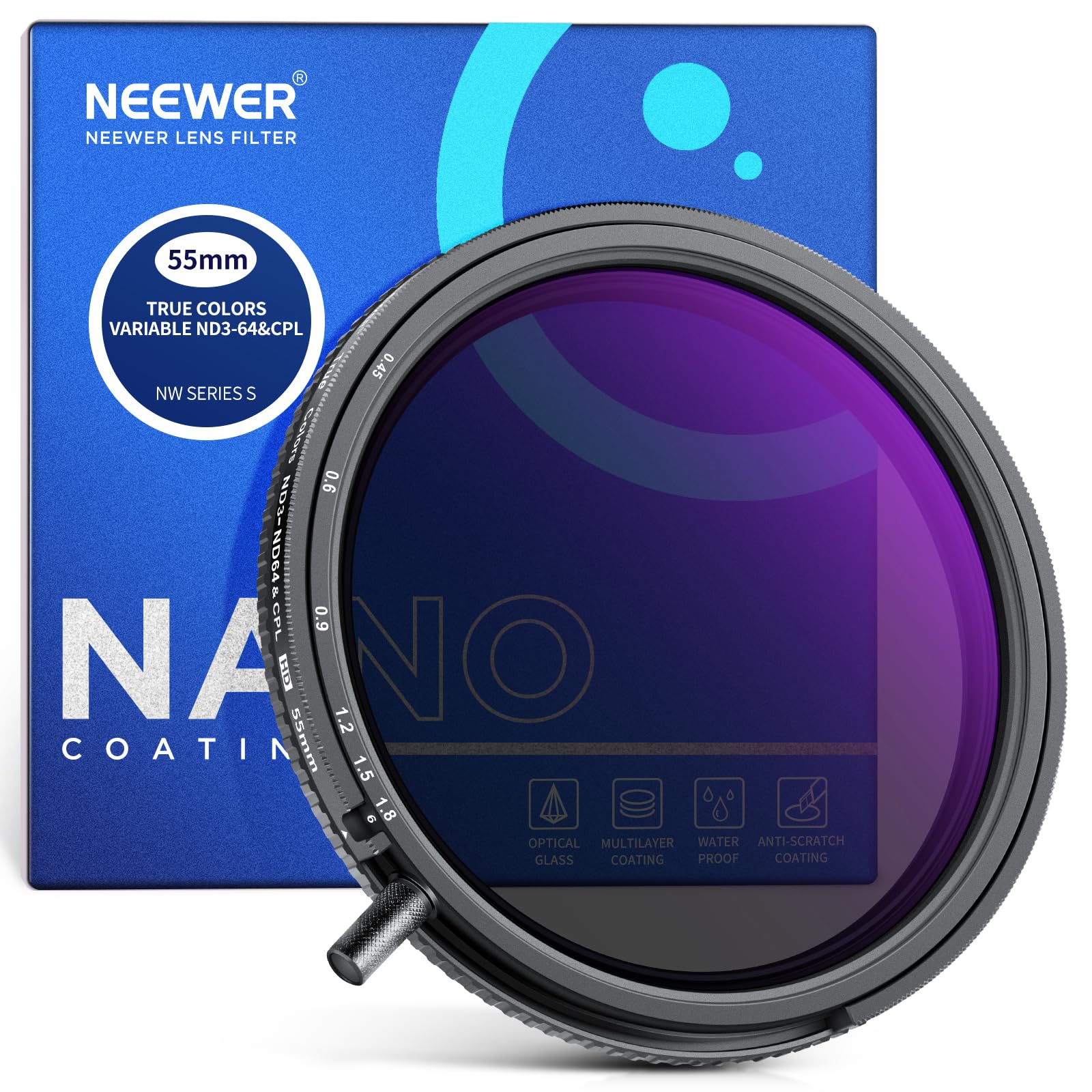 NEEWER 55 mm True Colour Variable ND and CPL Filter with Pusher, ND3-64 (1.5-6 S