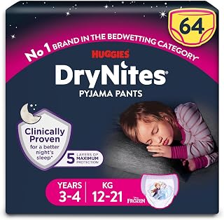 HUGGIES DryNites Pyjama Pants, Girl's 3-4 Years (12-21KG), 64 x Bedwetting Pants, Up to 100% Leak Free Nights