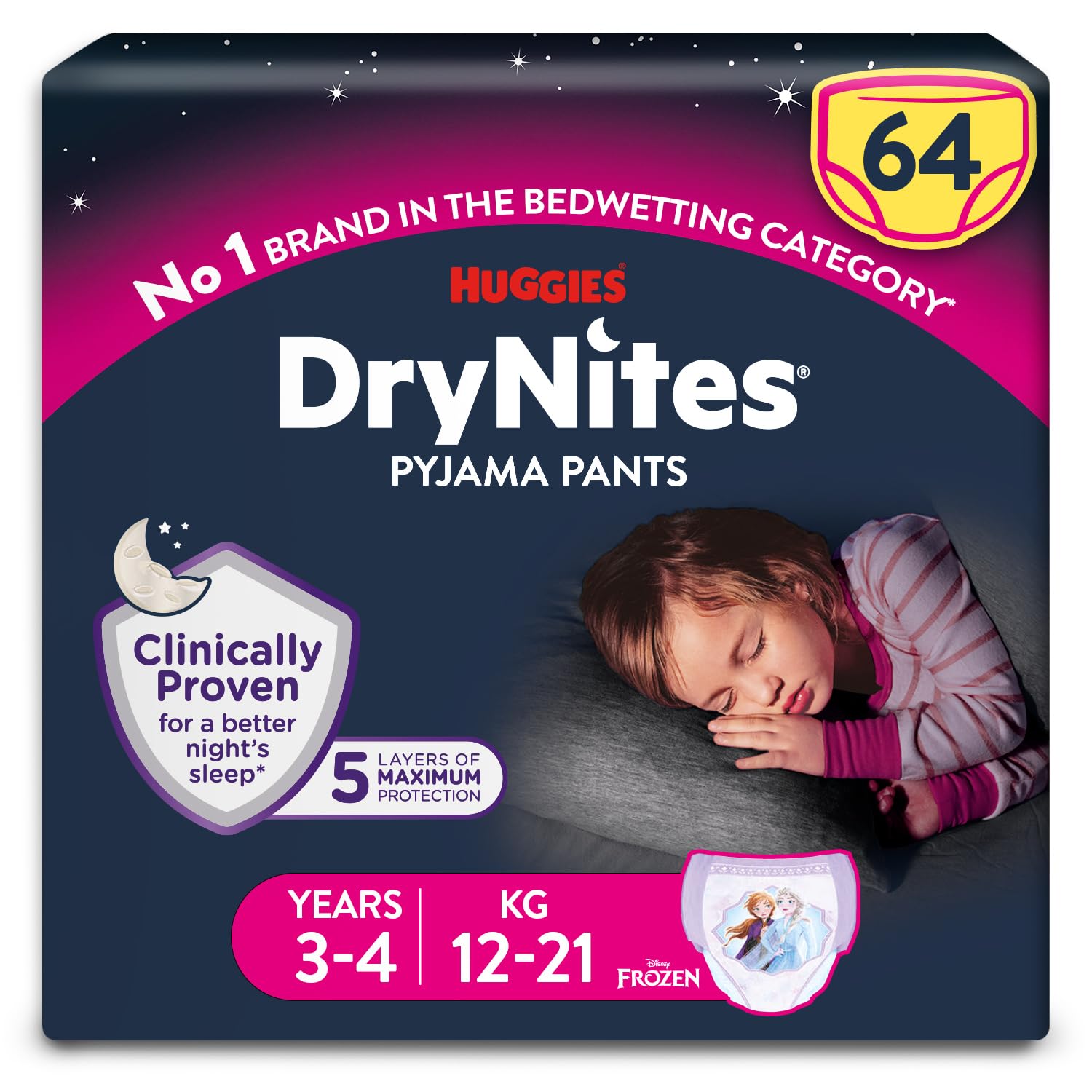 HUGGIES DryNites Pyjama Pants, Girl's 3-4 Years (12-21KG), 64 x Bedwetting Pants