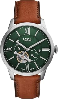 Fossil Men's Townsman Automatic Stainless Steel and Leather Three-Hand Skeleton Watch, Color: Black, Cognac (Model: ME3098)