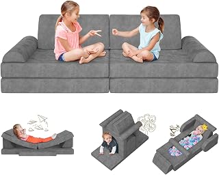 10Pcs Modular Kids Play Couch, DIY Convertible Foam Sofa for Playing | Creativity, Sleeping, Versatile Kid Sofa Building Fort, Kids Nugget Couch for Playroom Bedroom (Grey)