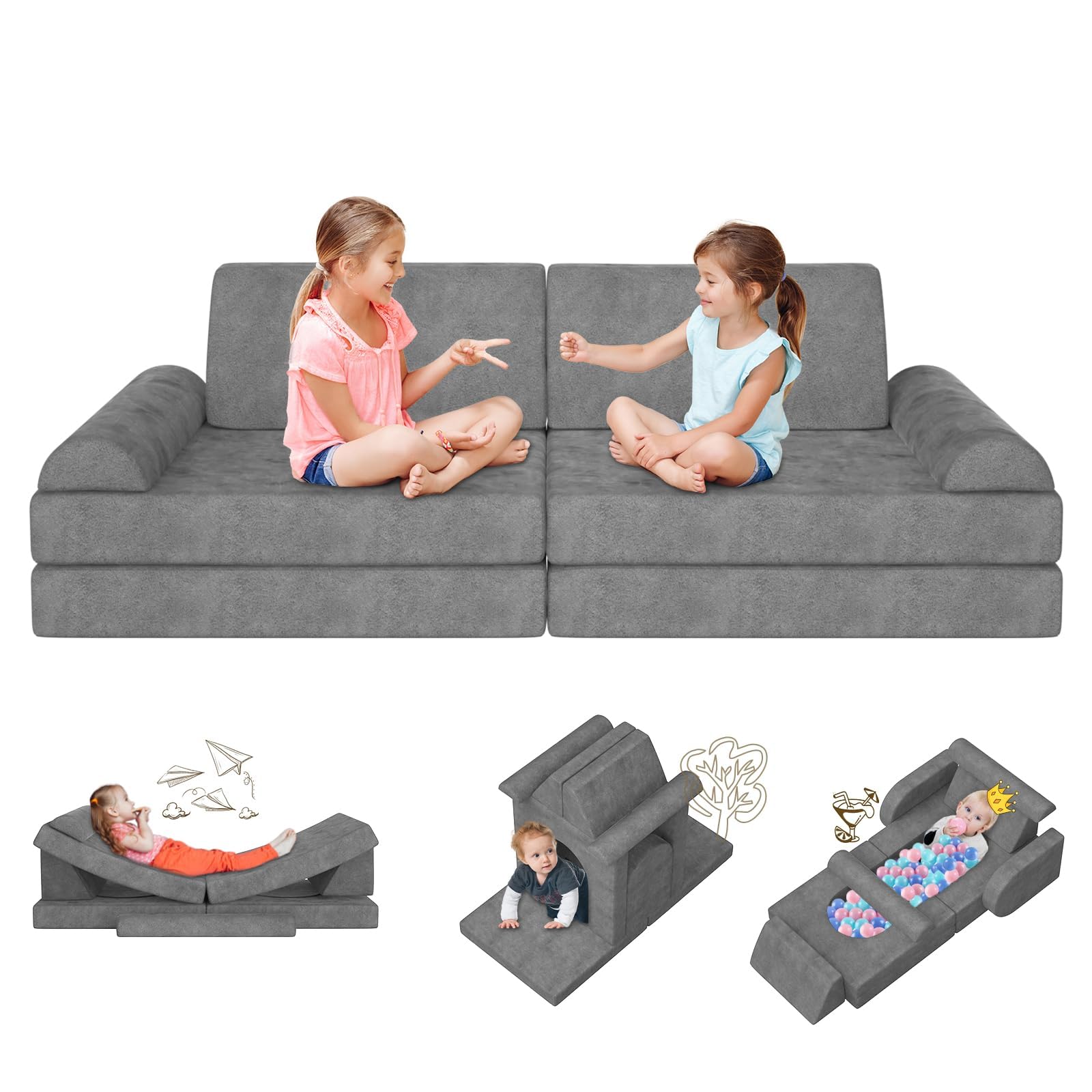 10Pcs Modular Kids Play Couch, DIY Convertible Foam Sofa for Playing | Creativit