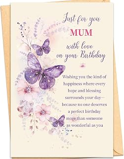 Mirelia Birthday Card for Mum, Purple Watercolour Butterfly and Floral Design, Sentimental Mother Birthday Wishes, 20.5 x 13.5 cm, with Envelope.