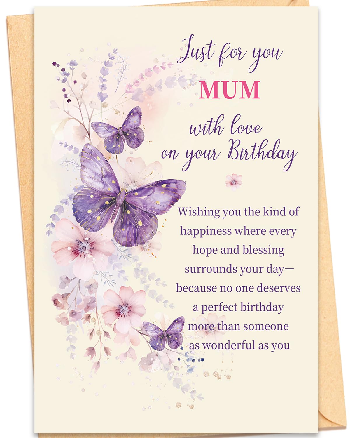 Mirelia Birthday Card for Mum, Purple Watercolour Butterfly and Floral Design, S