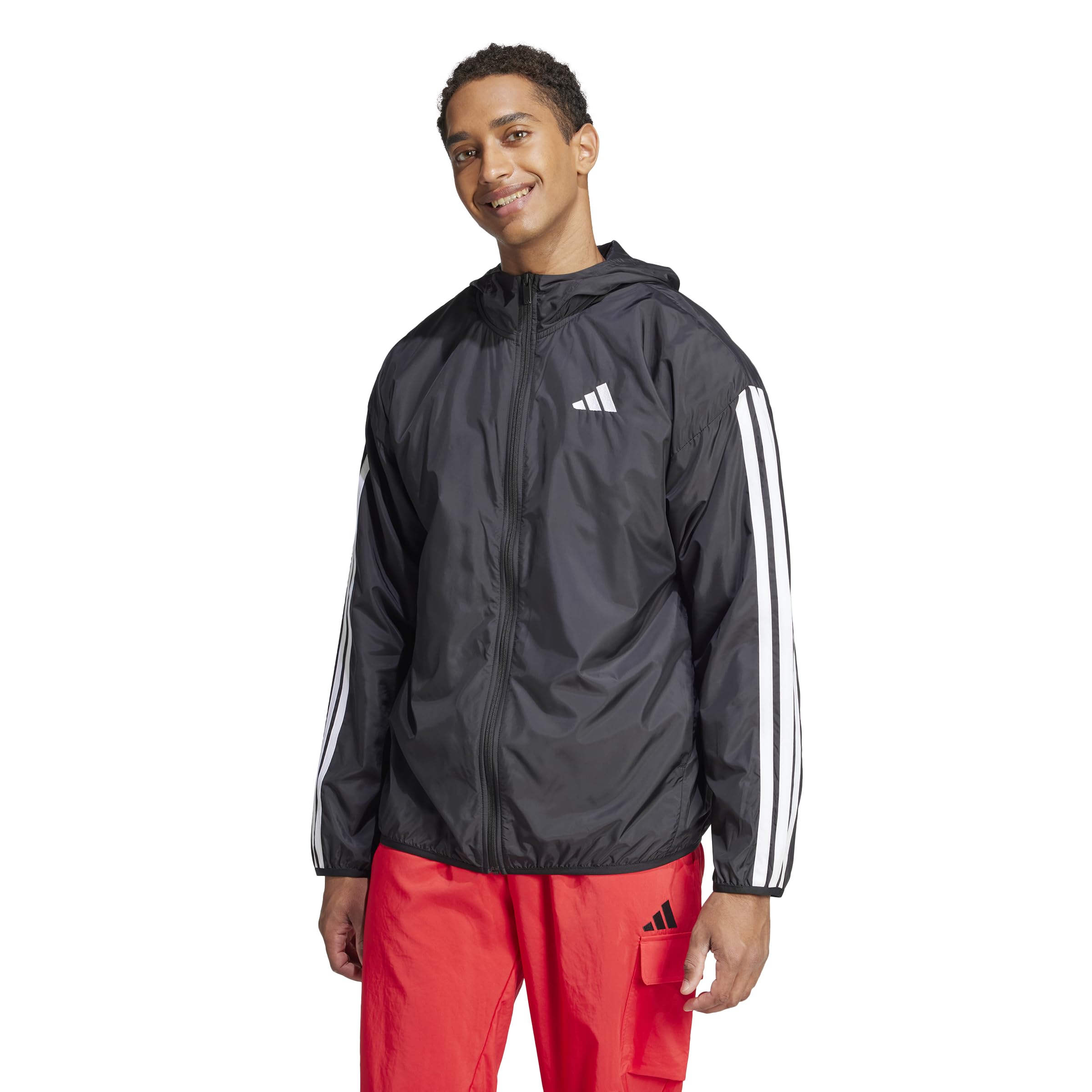 adidas Chaqueta cortavientos Essentials de 3 rayas para hombre, negro/blanco, XX