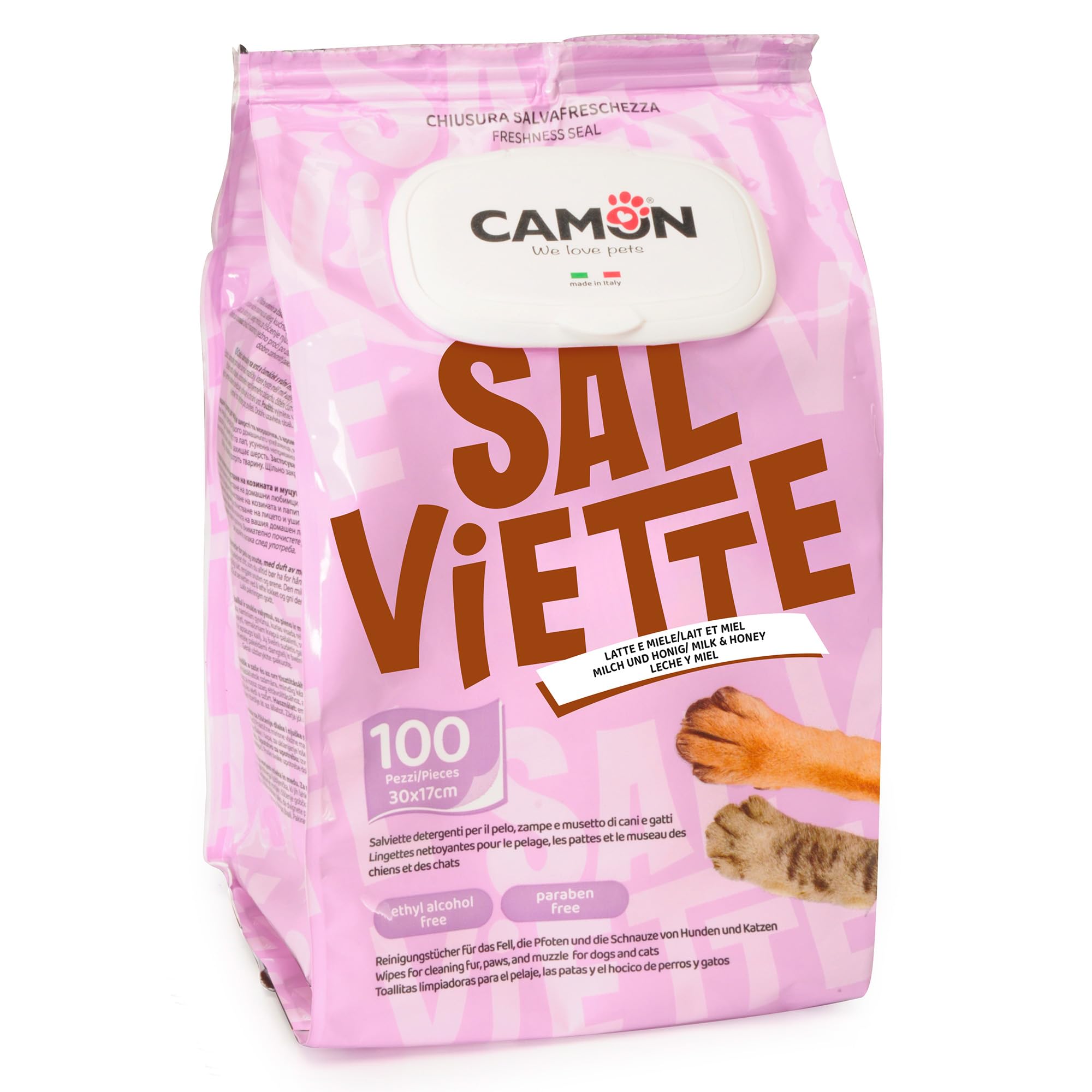 CAMON Cleaning Wipes for Dogs and Cats, 30 x 17 cm, Made in Italy | Pack of 100 