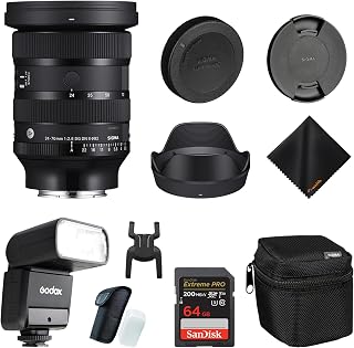 Sigma 24-70mm f/2.8 DG DN II Art Lens for Sony E, Full Frame Format Bundle | Features Six SLD Elements, Rounded 11-Blade. Includes Godox Flash TT350S Mini, 64GB Extreme PRO Memory Card & Cleaning Cloth