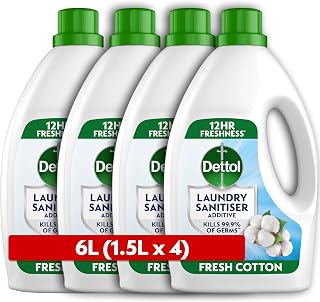Dettol Laundry Sanitiser, Fresh Cotton (4 x 1.5l) 6L | Suitable for all fabrics, Effective in cold washes, Antibacterial, 12 hour freshness, Removes odours, Kills 99.9% of bacteria