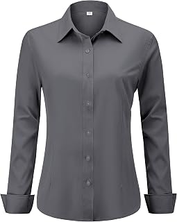 hearain Soft Wrinkle-Free Women's Button Down Dress Shirts Solid Long Sleeve Work Blouses Fit Stretch Casual Tops XXS-6XL