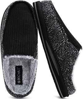 ONCAI Mens Clog Slippers with Arch Support Stripe Faux Fur Cotton-Blend High-Density Memory Foam Warm House Slippers Slip-on Indoor Outdoor Rubber Sole Size 6-15