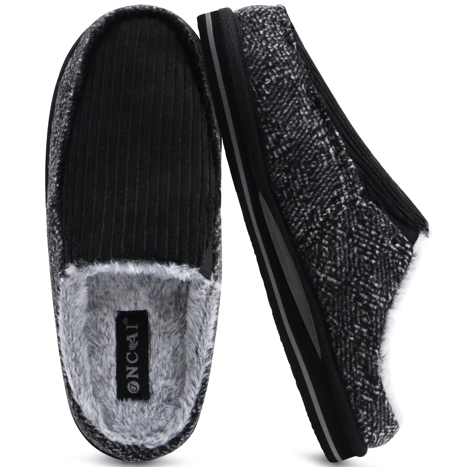 ONCAI Mens Clog Slippers with Arch Support Stripe Faux Fur Cotton-Blend High-Den