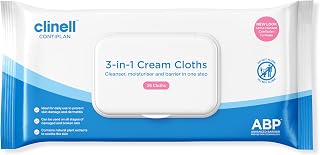 Clinell CONTIPLAN Incontinence Cleansing Cloths with Barrier Cream - All in One Cleansing Wipes Cleanses, Soothes and Moisturises - Pack of 25 Cloths