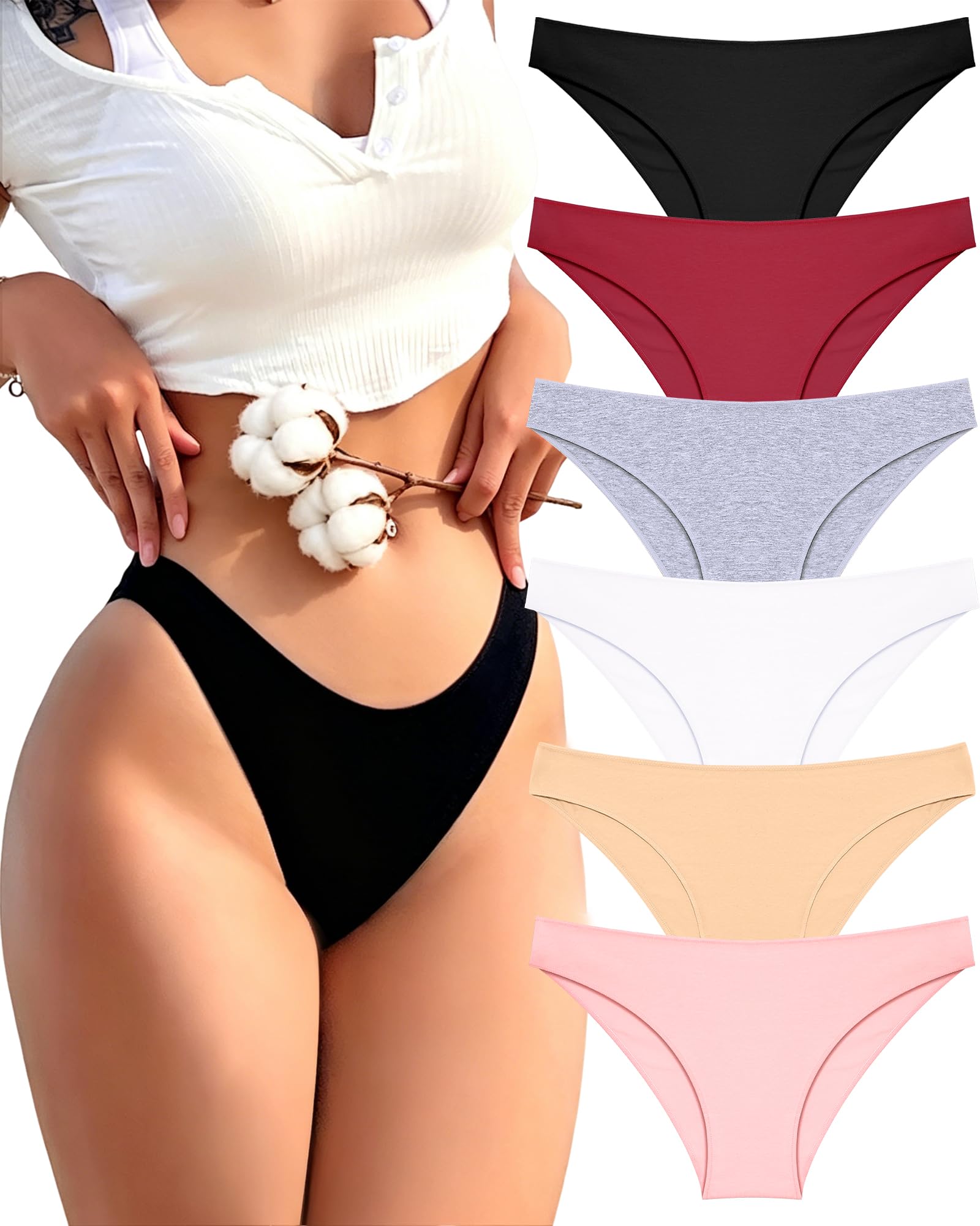 6 Pack Cotton Panties for Women Cute Low Rise Bikini Panties Breathable Sexy Hip