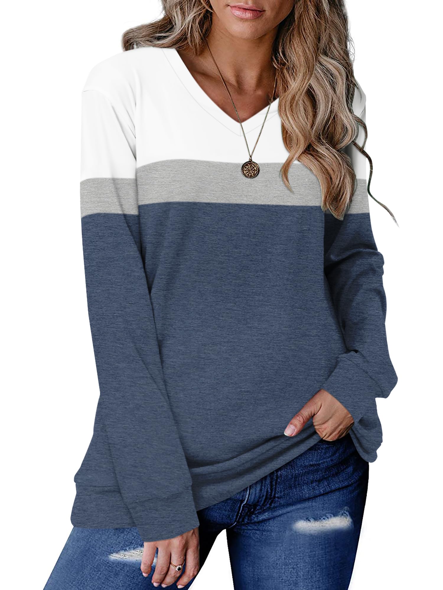 KISSMODA Womens Sweatshirts Long Sleeve V Neck Pullover Casual Loose Trendy Tuni