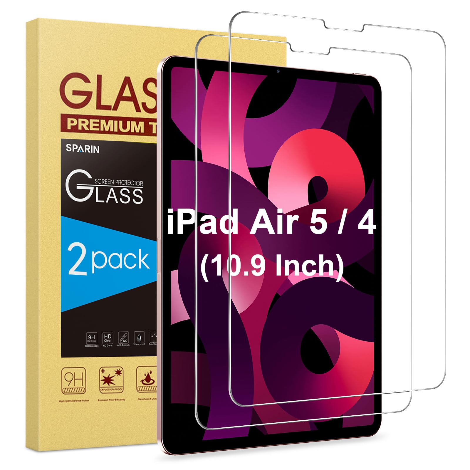 SPARIN Screen Protector for iPad Air 5th/4th Gen 10.9 Inch, 2 Pack Tempered Glas