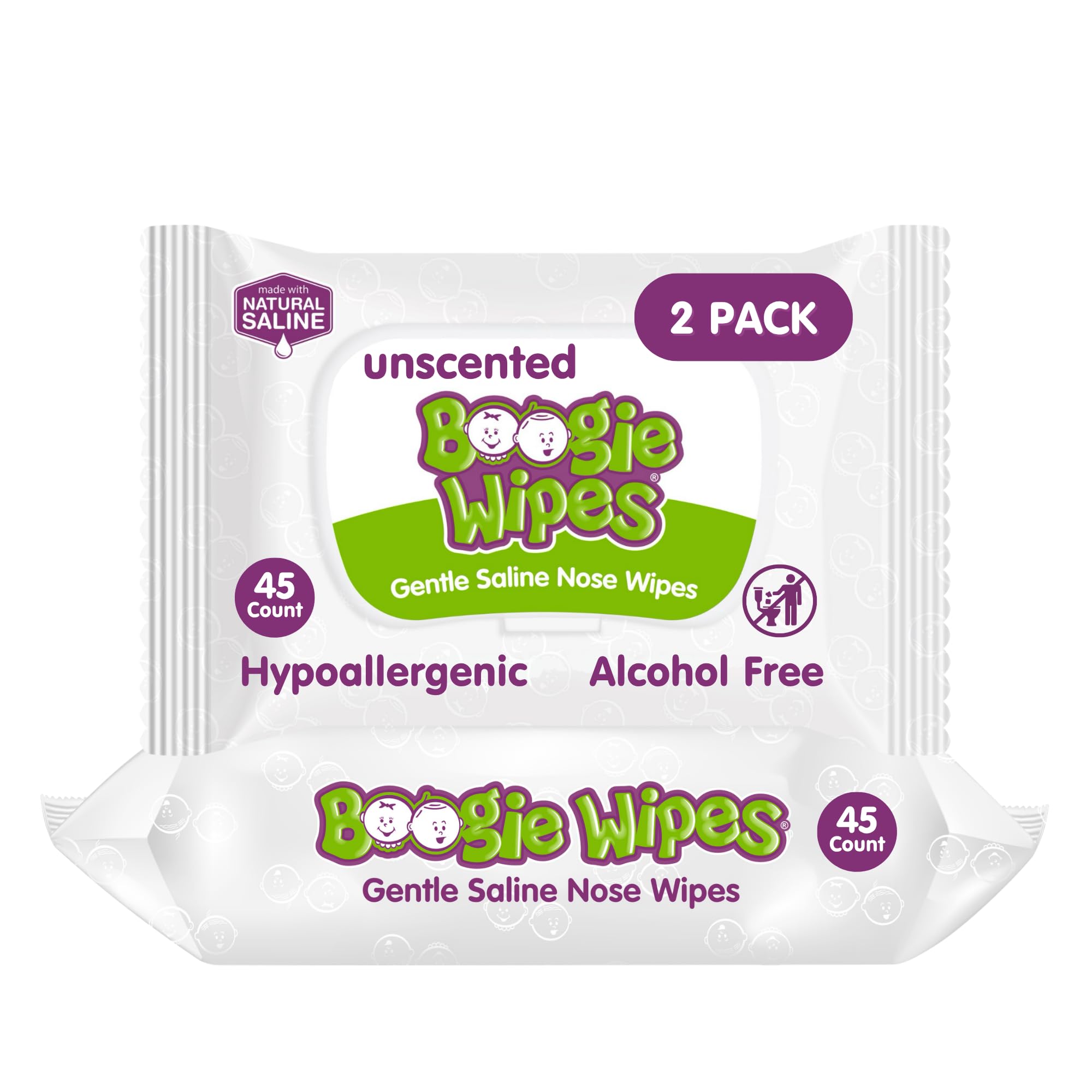 Boogie - Gentle Saline Nose Wipes Unscented - 45 Count (Pack of 2)