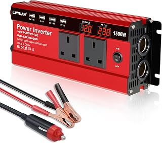 LVYUAN 1500W Power Inverter 12V DC to 240V AC 2 LED Display for Car | 2 AC Sockets, 4 USB Ports 3.1A, 2 Cigarette Lighter Sockets, Battery Clamps & Car Plug Cable Included