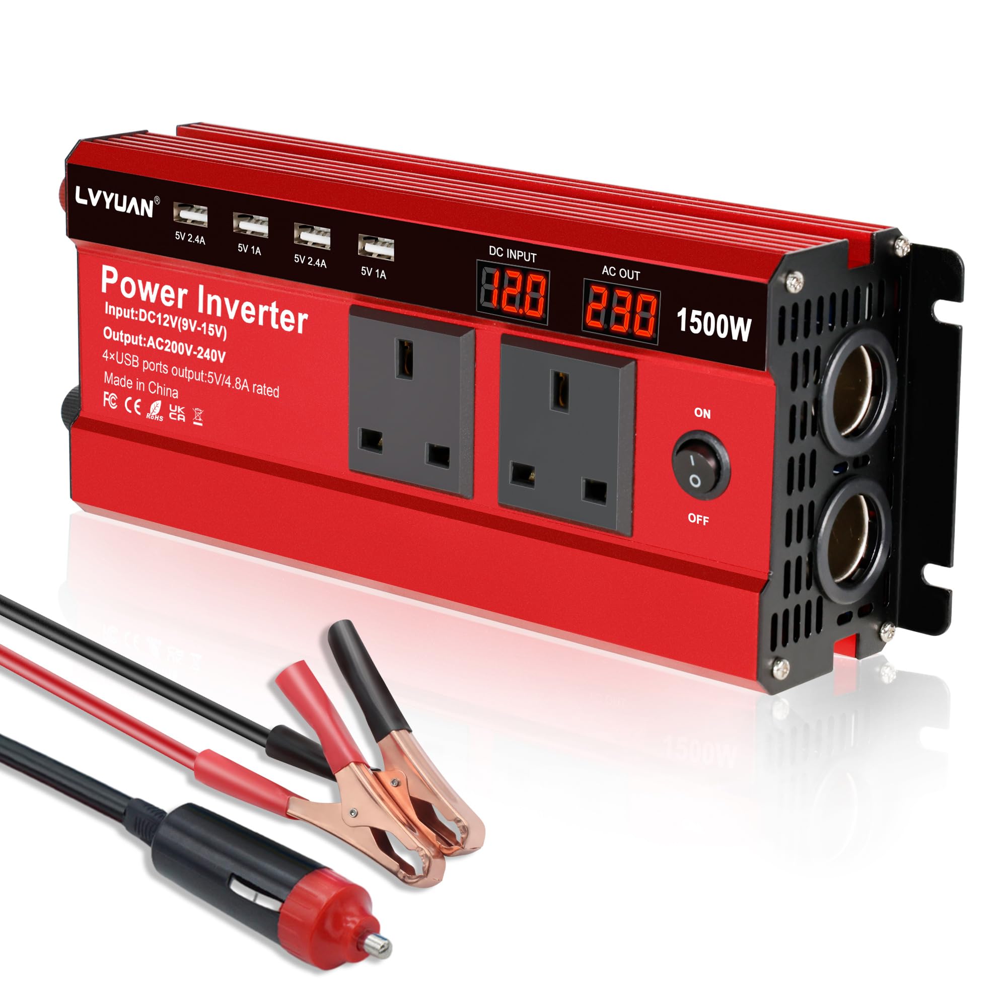 LVYUAN 1500W Power Inverter 12V DC to 240V AC 2 LED Display for Car | 2 AC Socke