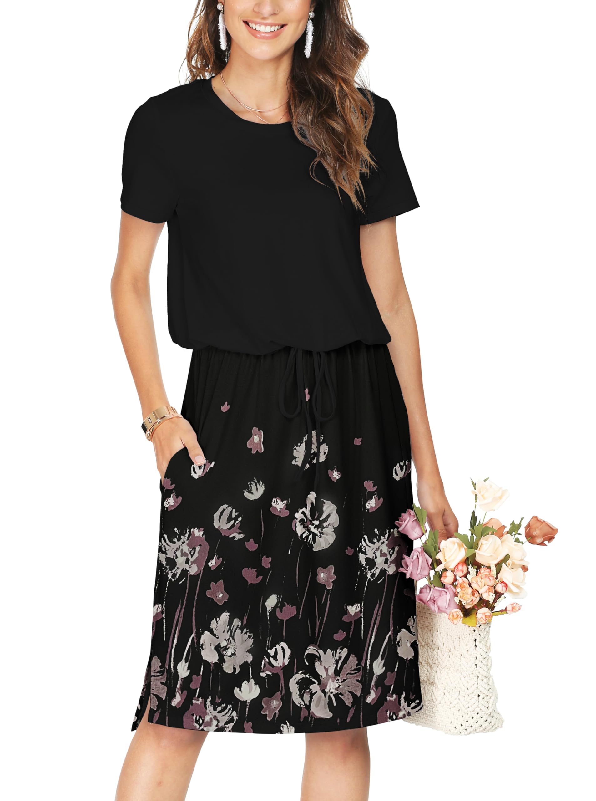 Simier Fariry Womens Summer Hide Belly Knee Length Travel Dress Pocket Short Sle