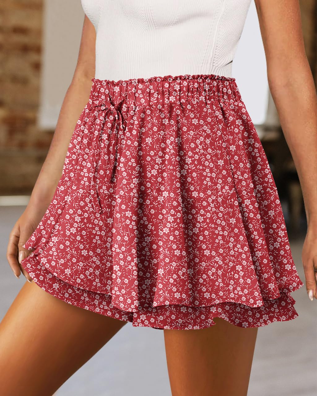 Women Summer Shorts Ruffle High Waist Drawstring Boho Floral Skorts Skirts for W