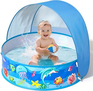 Baby Pool with Canopy Foldable Kiddie Pool with Sun Shade Pools for Toddlers Baby Beach Essentials Pop Up Tent Swimming Wading Pools Portable Summer Water Play for Indoor Outdoor Beach Backyards