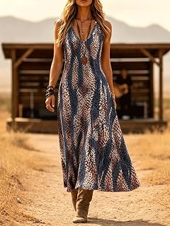 Women's Spaghetti Strap Maxi Dress, Animal Print Western Vacation Dress