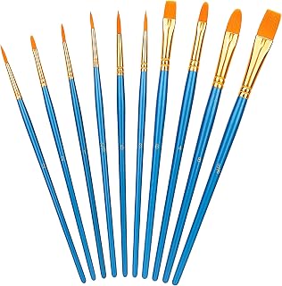 Amazon Basics Paint Brush Set, PBT Paint Brushes with Wood Handle, 10-Piece Set Different Sizes, for Watercolour Oil Acrylic Craft Painting, Blue