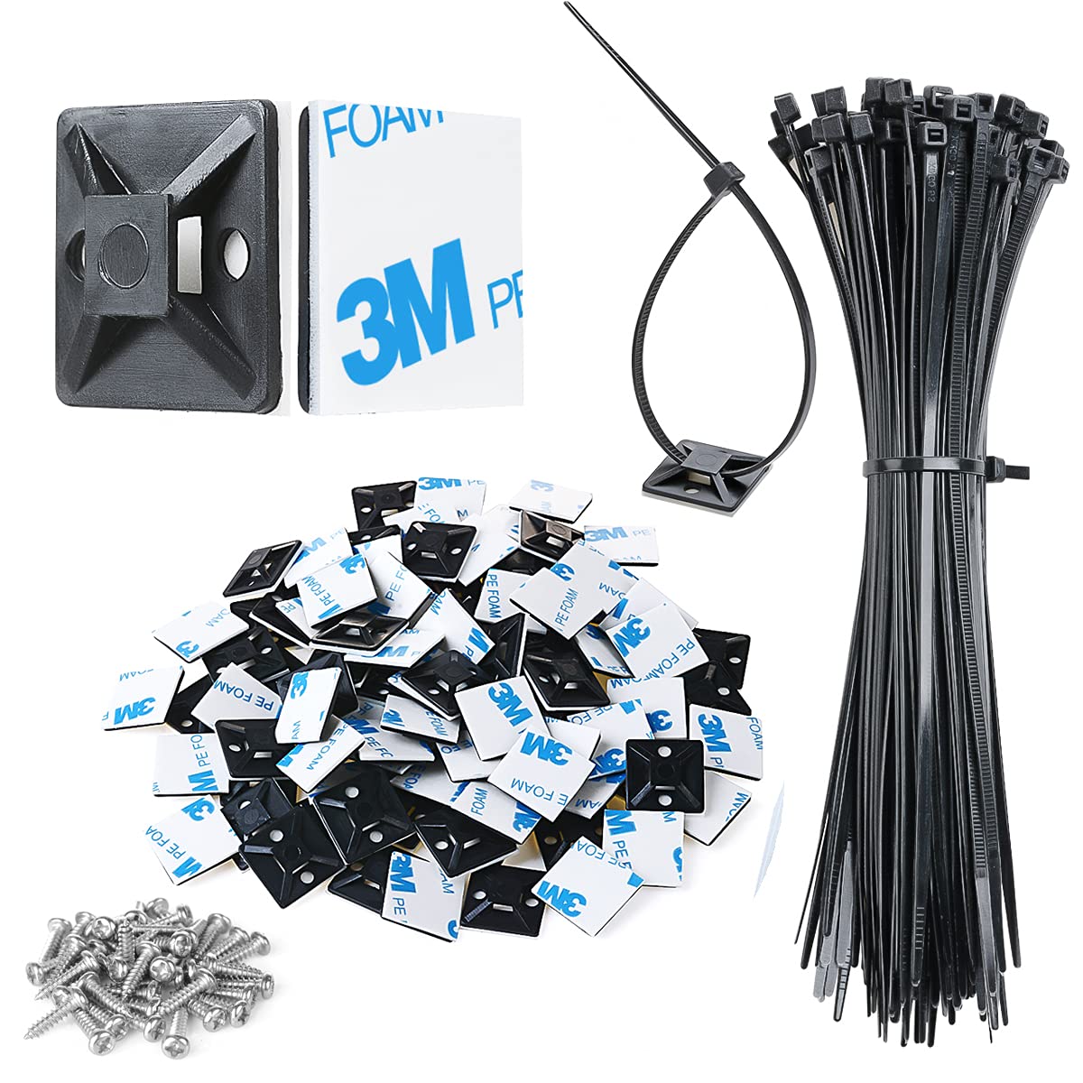 XHF 3/4" Strong Back-Glue Self Adhesive Black Cable Zip Tie Mounts 100pcs with 8