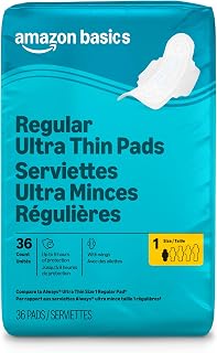 Amazon Basics Regular Absorbency Feminine Pads for Women, Ultra Thin with Flexi-Wings, Unscented, Size 1, 8-Hour Protection, Leak Prevention, 36 Count, Packaging May Vary