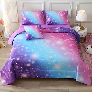 JQinHome Glitter Bedding Set Queen Size,6 Piece Bed in A Bag 3D Colorful Rainbow Galaxy Comforter Set for Girls Kids(1 Comforter,2 Pillowcases,1 Flat Sheet,1 Fitted Sheet,1 Cushion Cover)(Blue Purple)