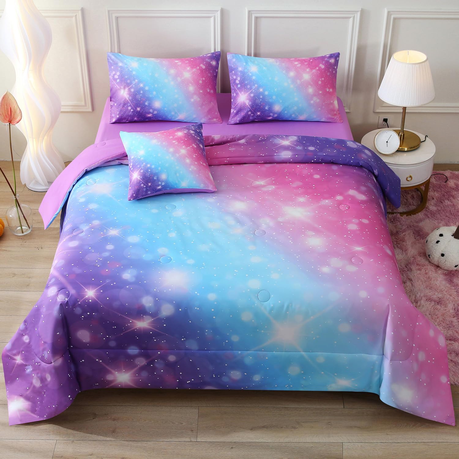 JQinHome Glitter Bedding Set Queen Size,6 Piece Bed in A Bag 3D Colorful Rainbow