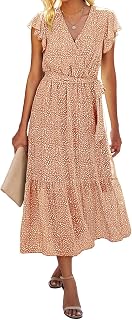 BTFBM Women Summer Casual Wrap V Neck Ruffle Cap Sleeve Belted Midi Dress