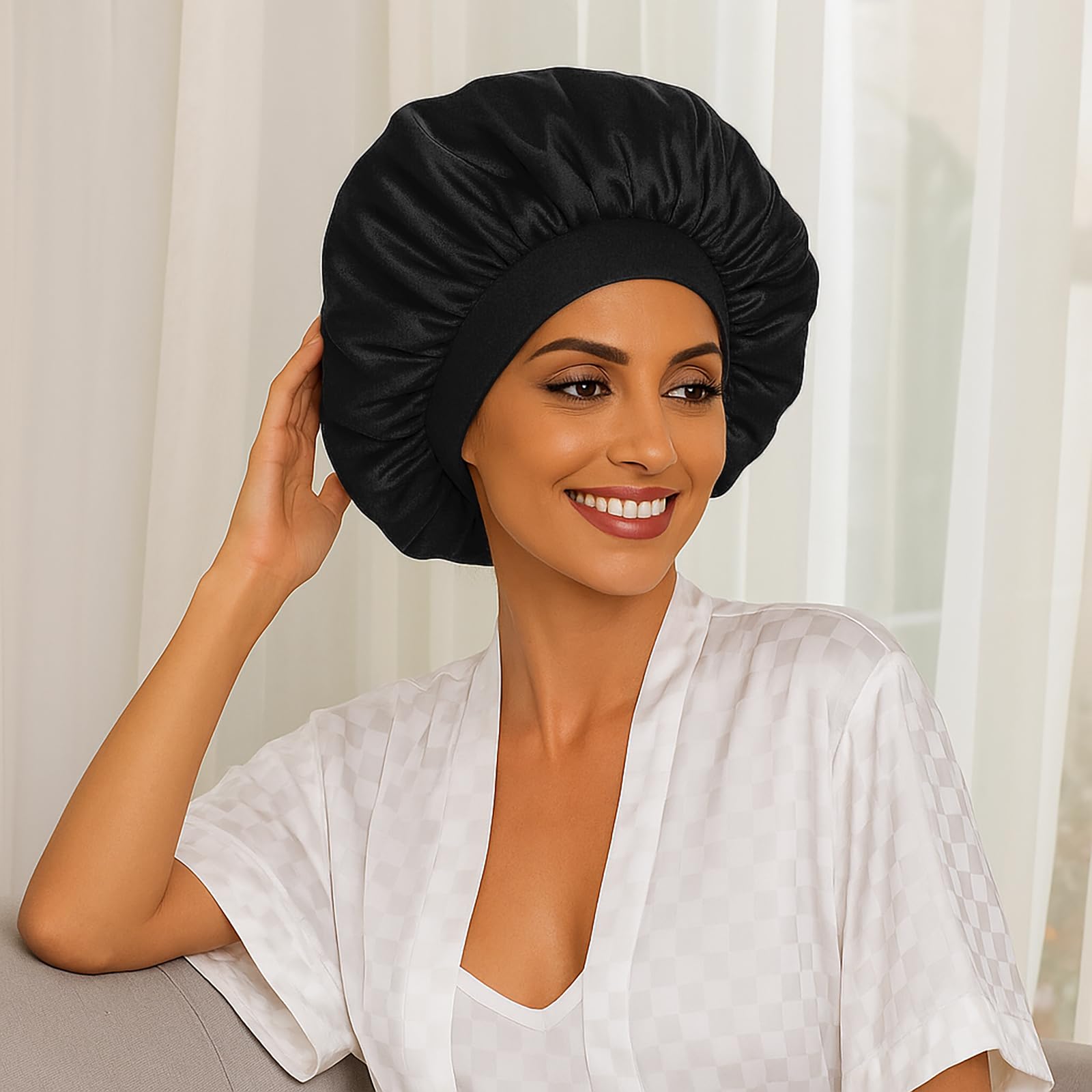 Gorro de seda para mujer, gorro de satén de 17 pulgadas para dormir con banda an