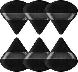 Pimoys Powder Puffs, 6 Pack Triangle Makeup Puff, Black | Soft Velour, Triangle and Round Design, Washable, Finger Strap, for Loose Powder