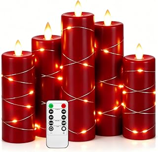 5 Pack Red Flameless LED Candles with Fairy Lights, Realistic Moving Flame Paraffin Wax Candles, Soft Warm Light, Remote Control, 5.5cm D x 14/15/18/20/22cm H, Indoor Wedding Christmas Home Decor