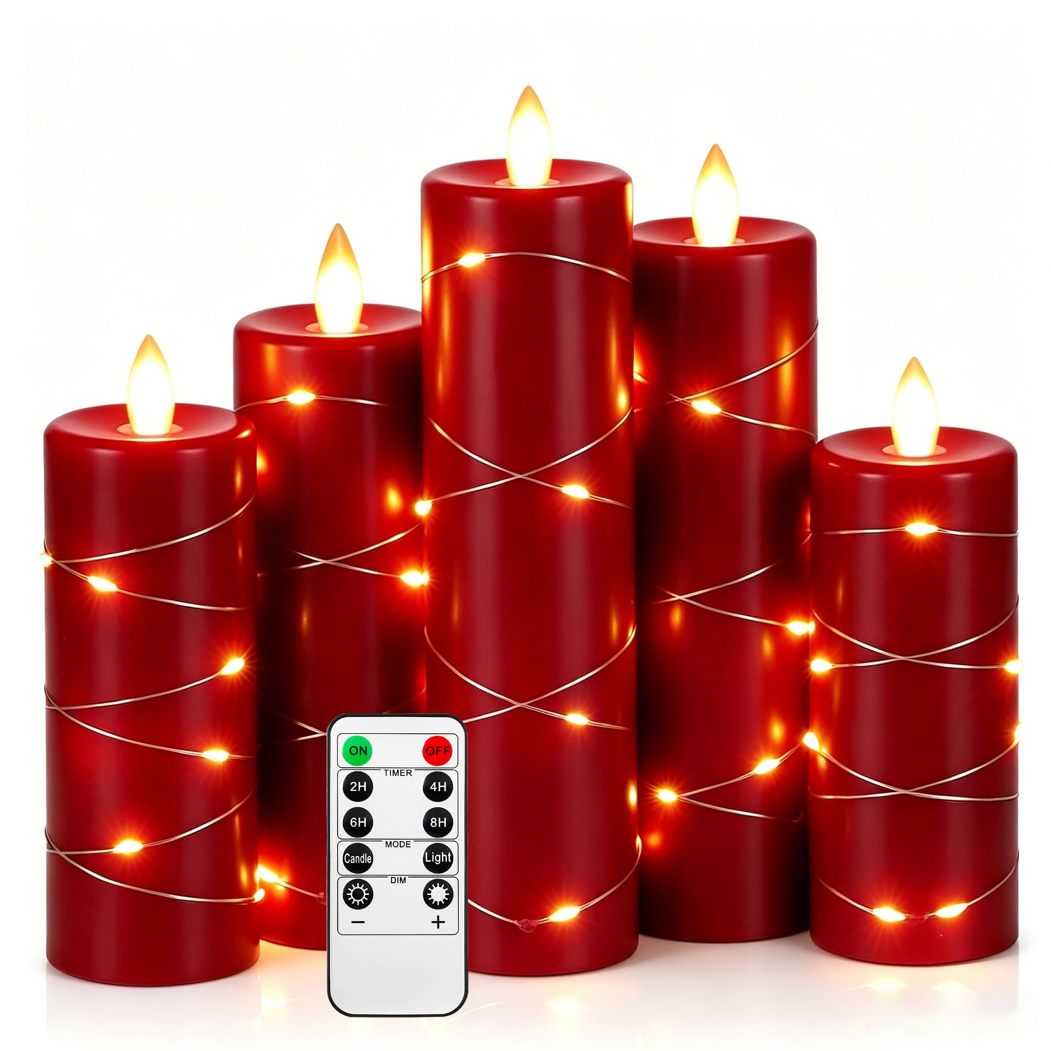 5 Pack Red Flameless LED Candles with Fairy Lights, Realistic Moving Flame Paraf