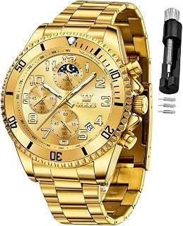 OLEVS Luxury Mens Chronograph Lunar Phase Two Tone Stainless Steel Waterproof Luminous Business Calendar