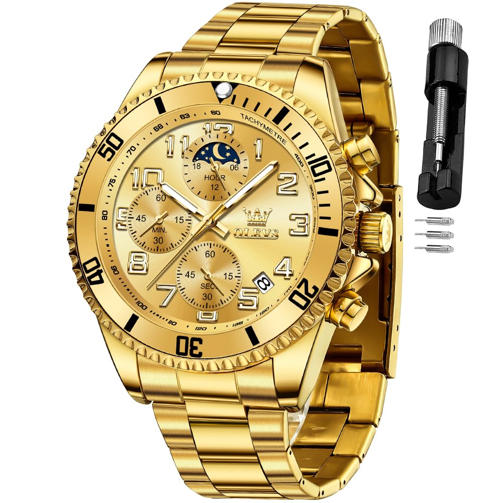 OLEVS Luxury Mens Chronograph Lunar Phase Two Tone Stainless Steel Waterproof Lu