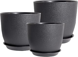 PROFIKLA 20cm, 18cm, 16cm Plastic Plant Pots, Plant Pots with Drainage Holes and Saucers, A Set of 3 Flower Pots, Modern Decorative Planters, Black