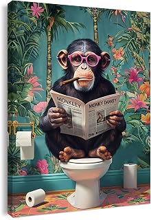 Qiukoo Funny Monkey Bathroom Wall Art – Waterproof Framed Canvas with Hanging Hooks, Toilet Wall Picture of Monkey Reading Newspaper, Humorous Bathroom or Toilet Decoration, 12 x 16 Inches